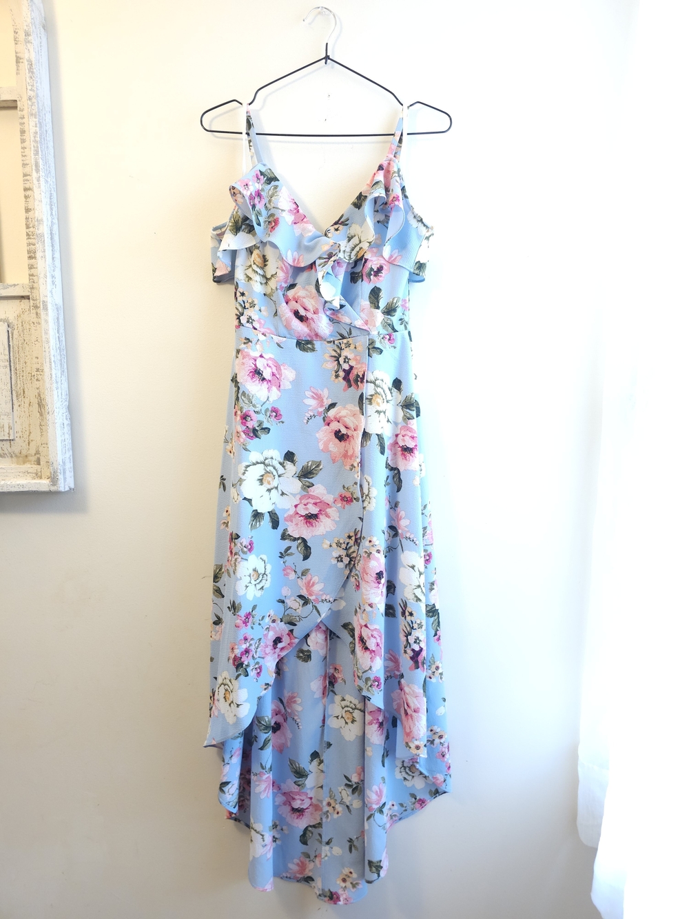 Blue Floral Ruffle High-Low Dress